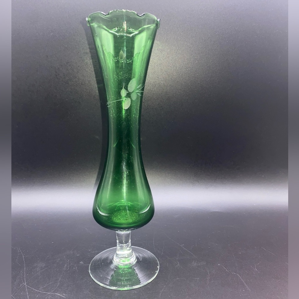 Vintage emerald green clear stem etched bud vase